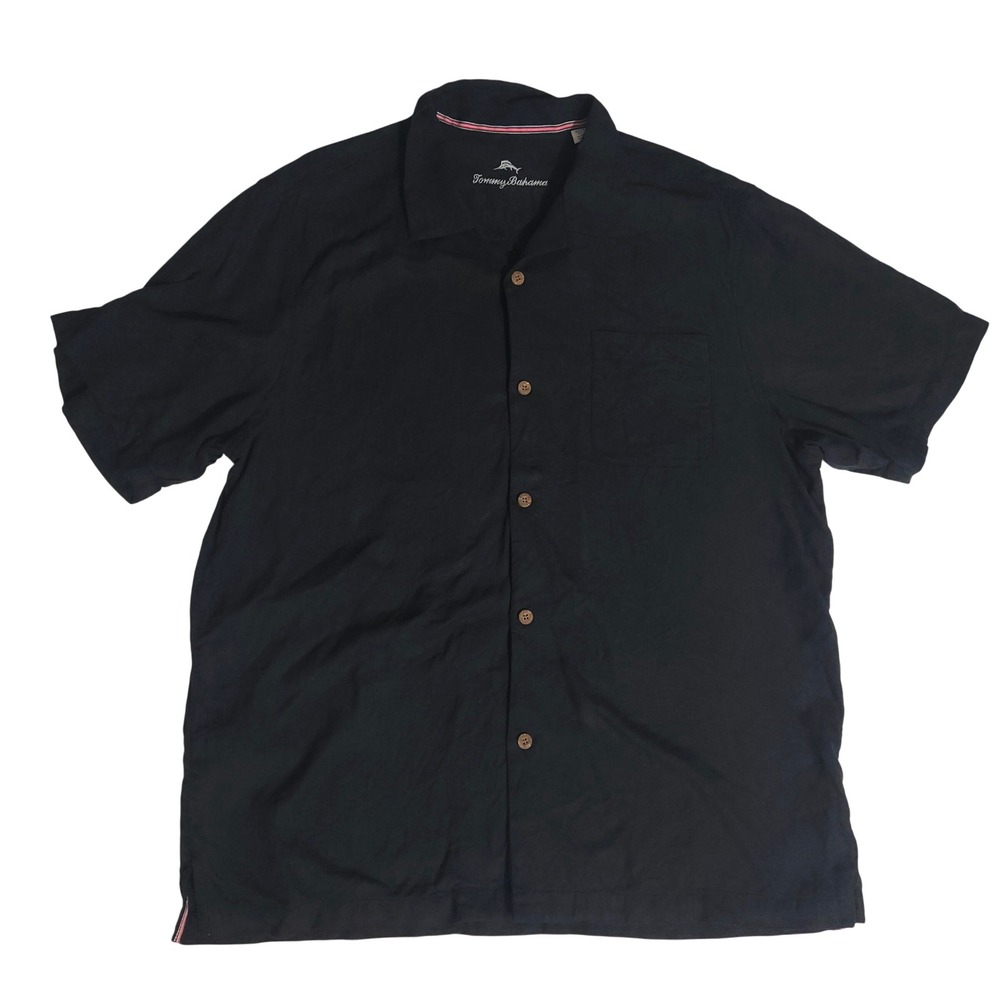 Tommy Bahama Mens XL Black 100% Silk Jacquard Floral Palm Short Sleeve Shirt